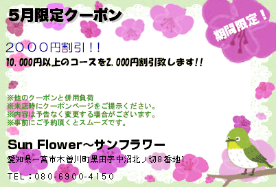 Sun Flower〜サンフラワー 五月限定クーポン クーポン