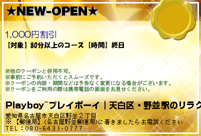 男性なら誰もが夢に見たPLAYBOY~プレイボーイ｜天白区・野並駅の豊満リラクゼーションマッサージ ★NEW-OPEN★ クーポン